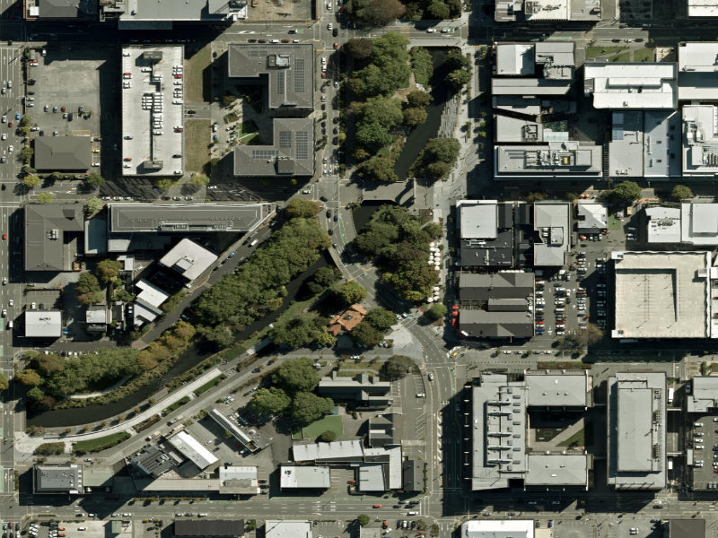 aerial view of Walk and bike track through Christchurch Central City and the ground around it
