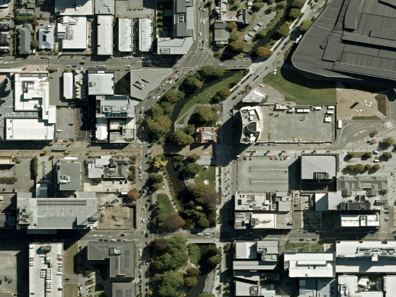 aerial view of Walk and bike track through Christchurch Central City and the ground around it