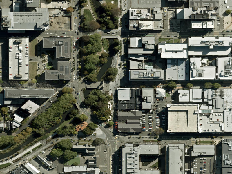 aerial view of Walk and bike track through Christchurch Central City and the ground around it