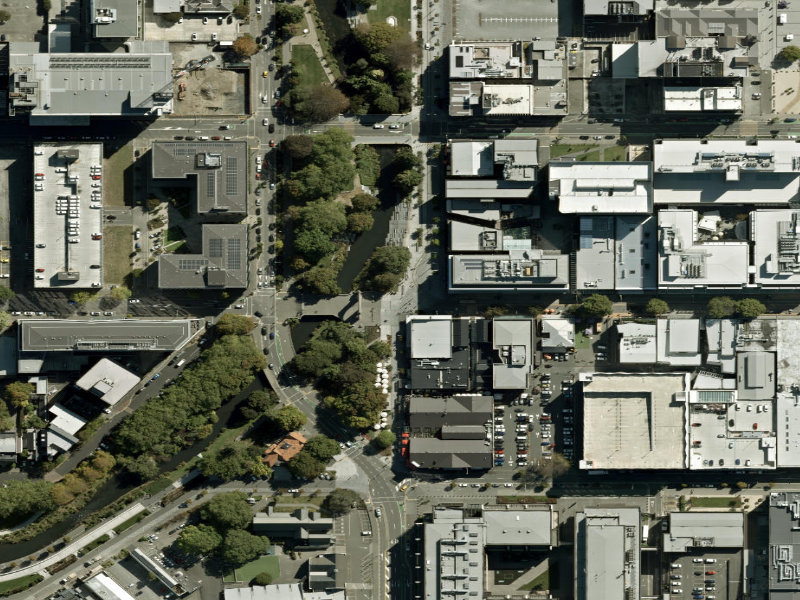 aerial view of Walk and bike track through Christchurch Central City and the ground around it