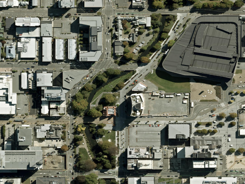 aerial view of Walk and bike track through Christchurch Central City and the ground around it