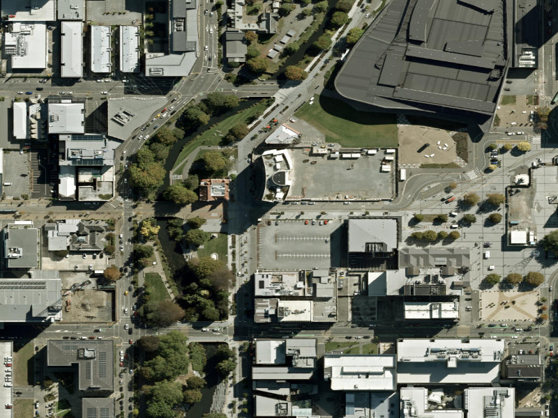 aerial view of Walk and bike track through Christchurch Central City and the ground around it