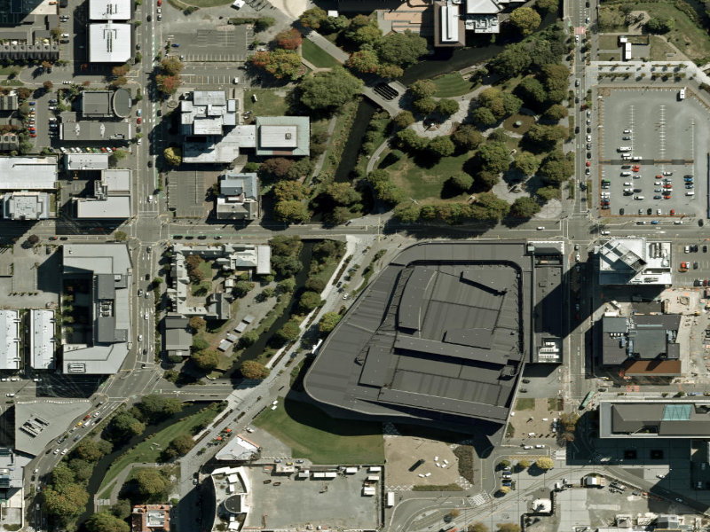 aerial view of Walk and bike track through Christchurch Central City and the ground around it