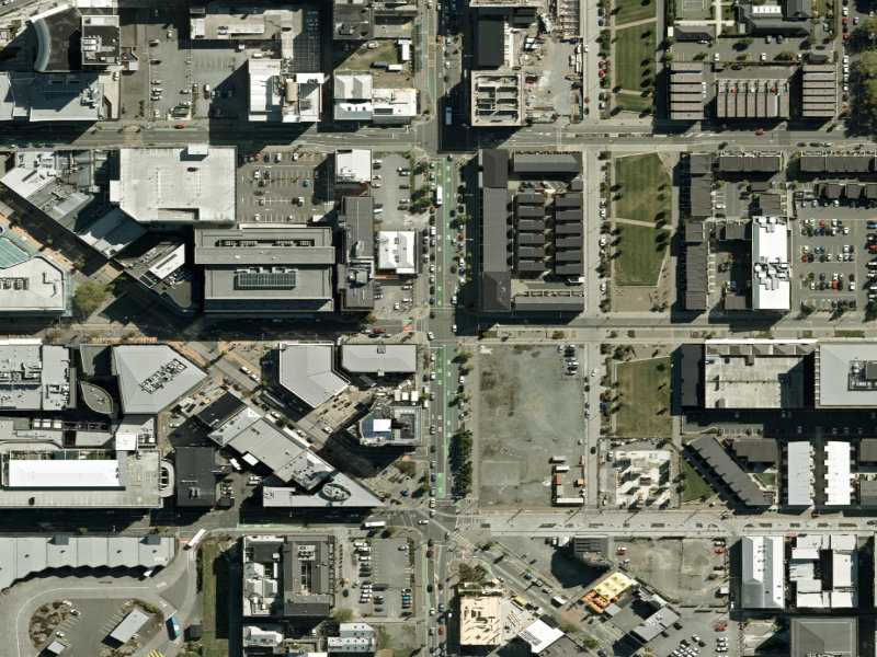 aerial view of Walk and bike track through Christchurch Central City and the ground around it
