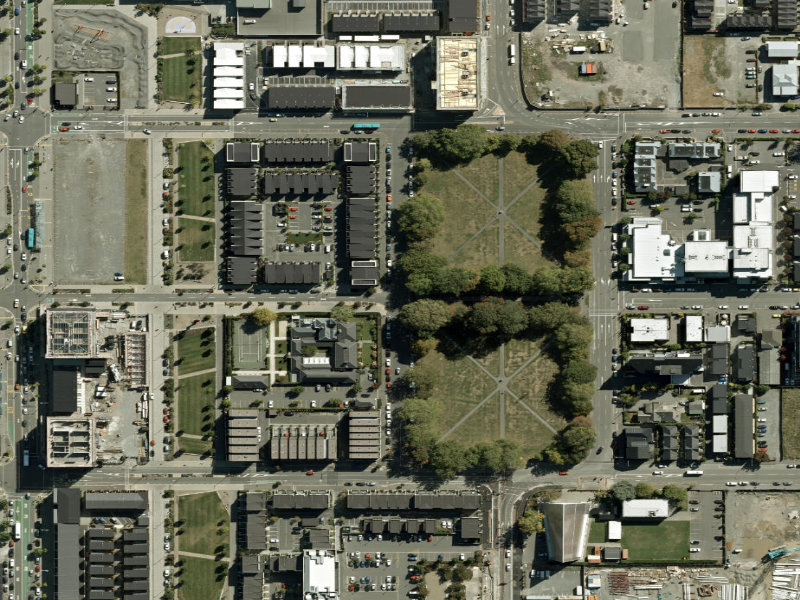 aerial view of Walk and bike track through Christchurch Central City and the ground around it