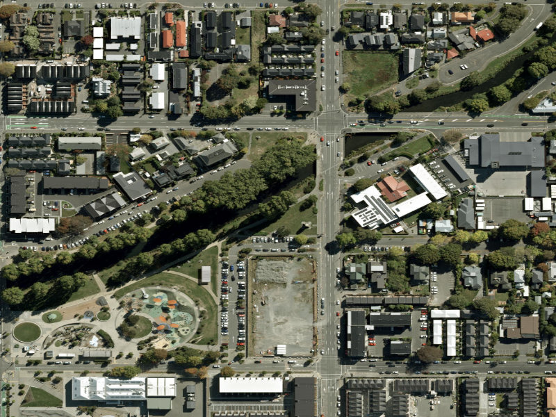 aerial view of Walk and bike track through Christchurch Central City and the ground around it
