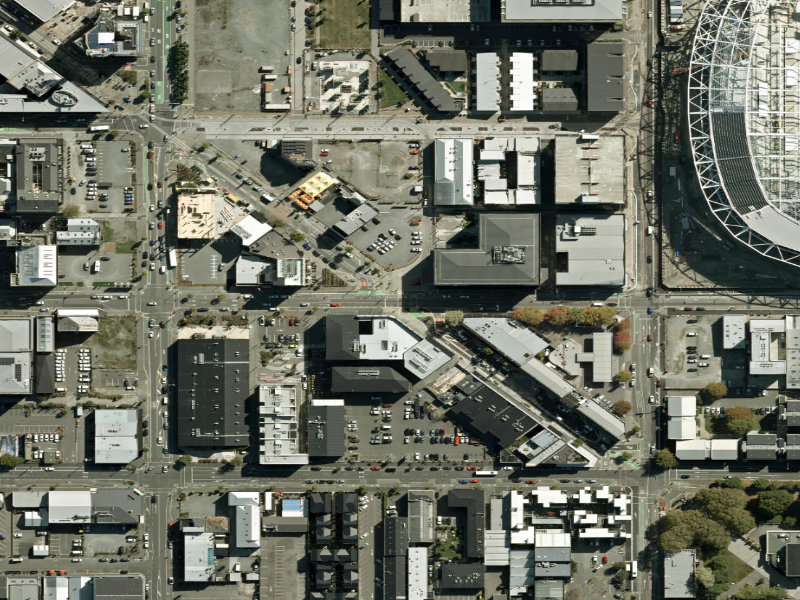 aerial view of Walk and bike track through Christchurch Central City and the ground around it