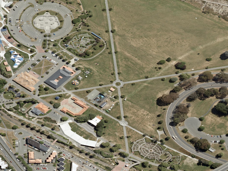 aerial view of Fountain Promenade and the ground around it