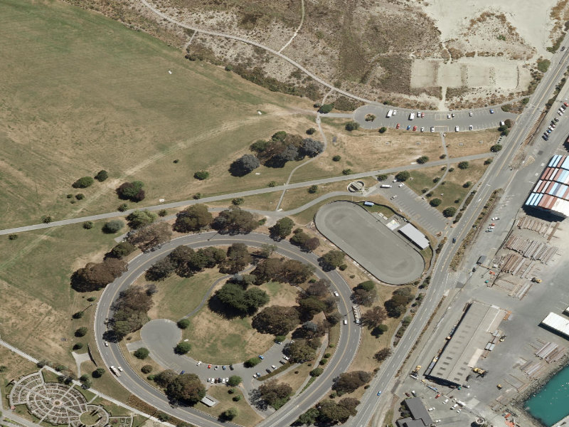 aerial view of Caroline Bay Access Road and the ground around it