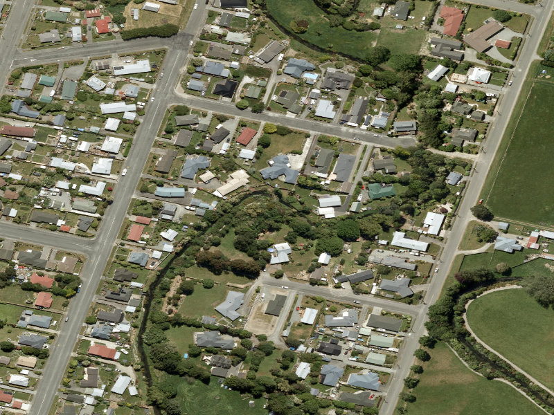 aerial view of Taumatakahu Stream Walkway and the ground around it