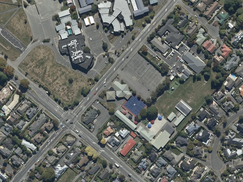 aerial view of Christ the King Catholic Church and the ground around it