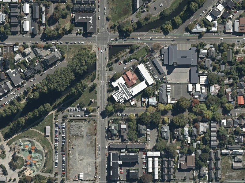 aerial view of Oxford Terrace Baptist Church and the ground around it