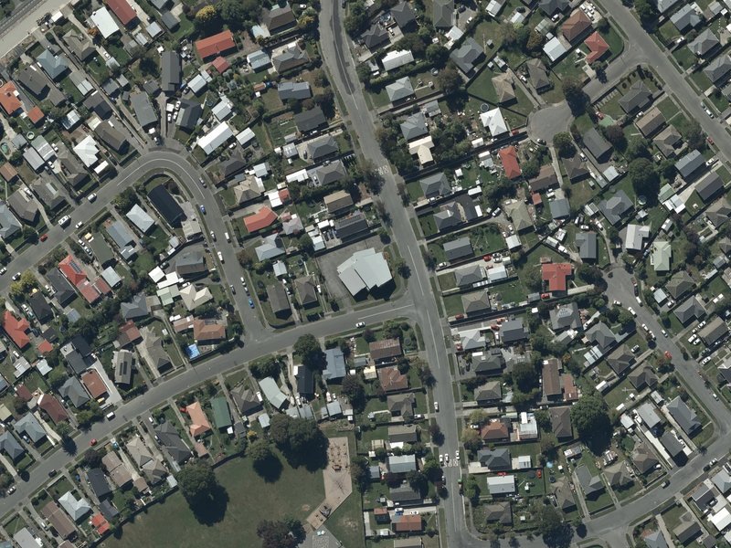 aerial view of Rowley Ave Bible Chapel and the ground around it