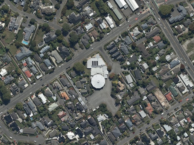 aerial view of Saint Albans Baptist Church and the ground around it