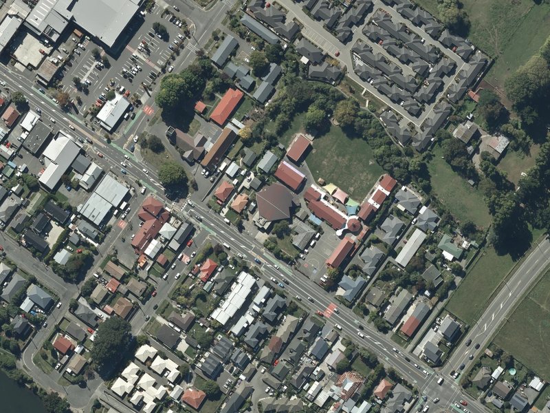 aerial view of Saint Anne’s Catholic Church and the ground around it