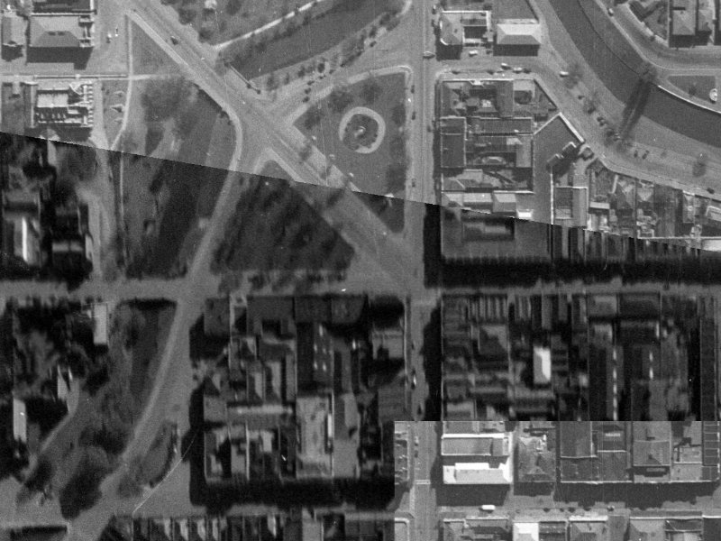 100–106 Armagh Street from the air, 1940-1944