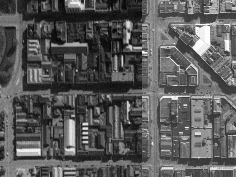 98–142 Cashel Street from the air, 1940-1944