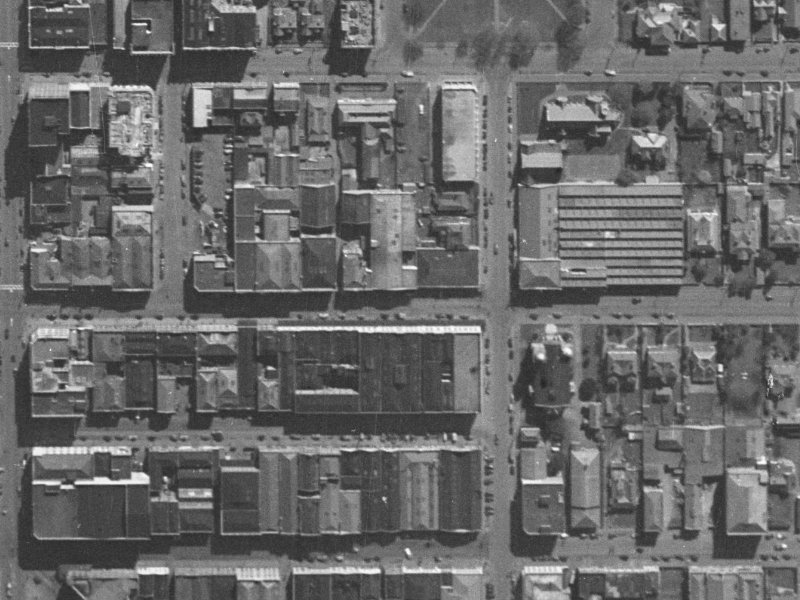219-221 Cashel Street from the air, 1940-1944