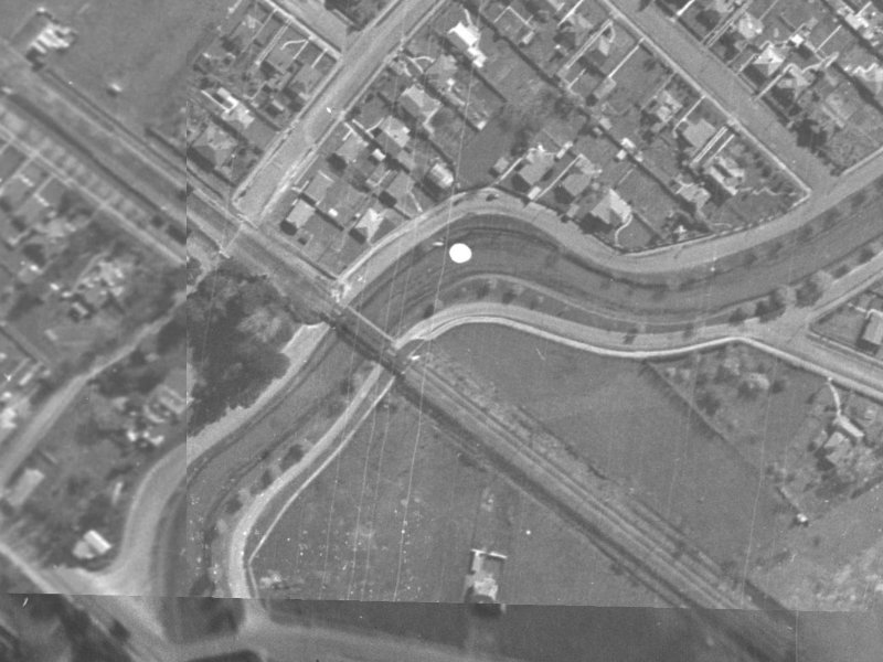 150 M Down River From Rail Way Bridge Broigham St Next To Pump Station On Clarendon Terrace from the air, 1940-1944