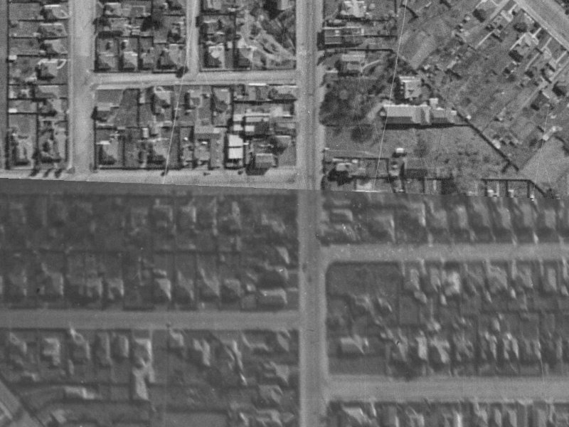 211-213 Colombo Street from the air, 1940-1944