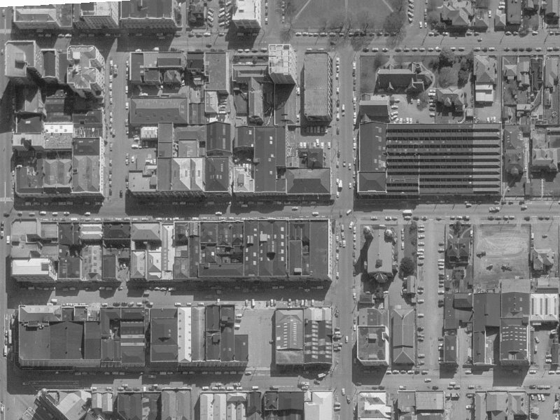 219-221 Cashel Street from the air, 1960-1964