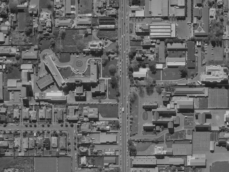 875-883 Colombo Street from the air, 1970-1974