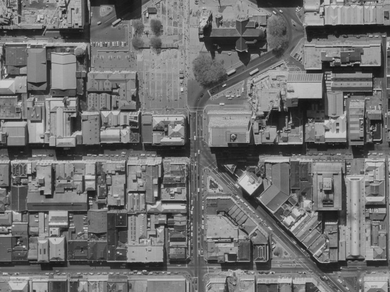 112–132 Hereford Street from the air, 1970-1974