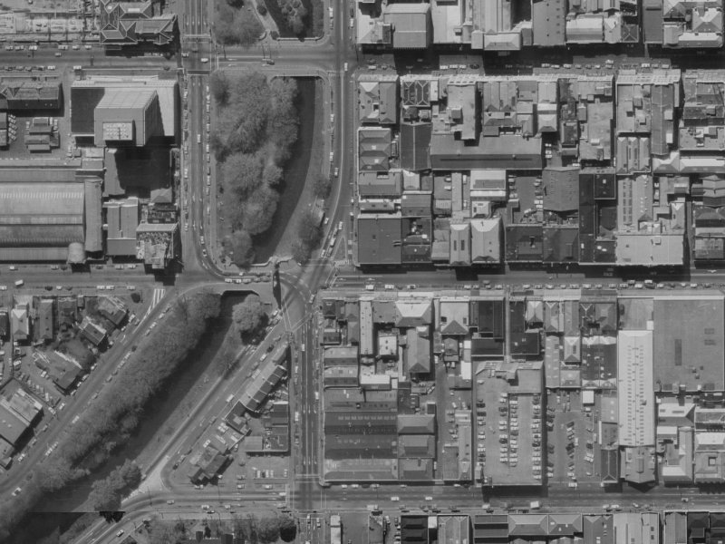 70–74 Cashel Street from the air, 1970-1974