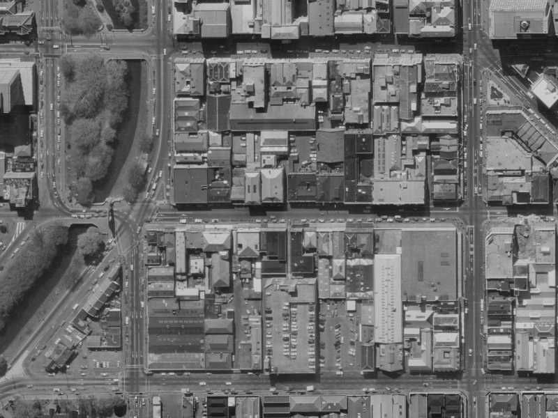 110-106 Cashel Street from the air, 1970-1974