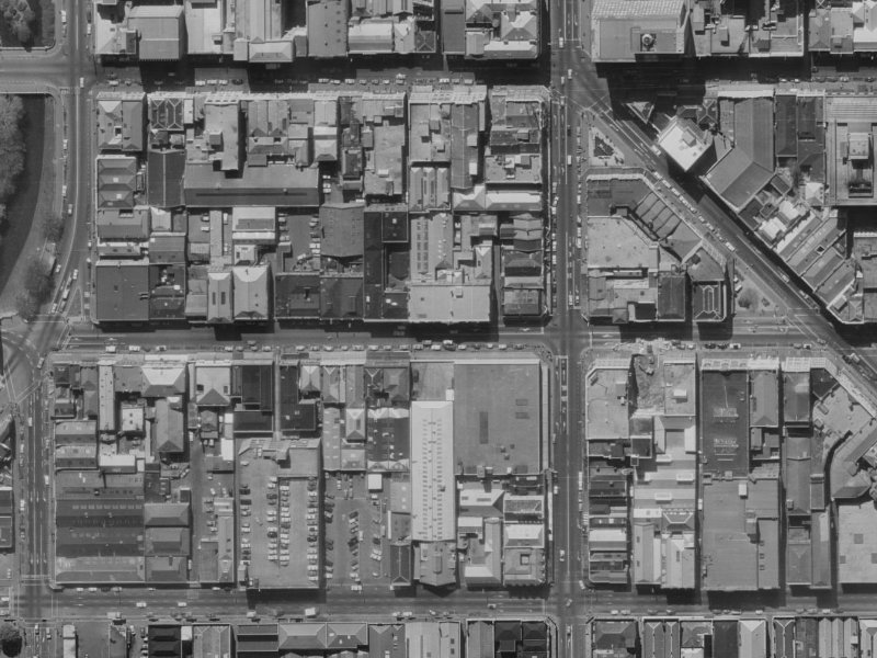 98–142 Cashel Street from the air, 1970-1974