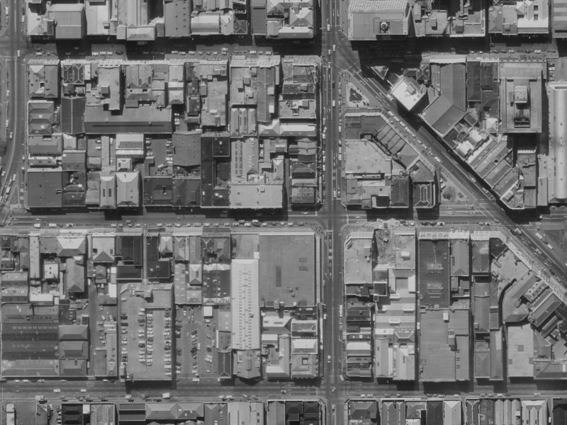 91–119 Cashel Street from the air, 1970-1974