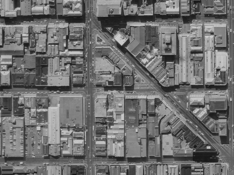 144–162 Cashel Street from the air, 1970-1974