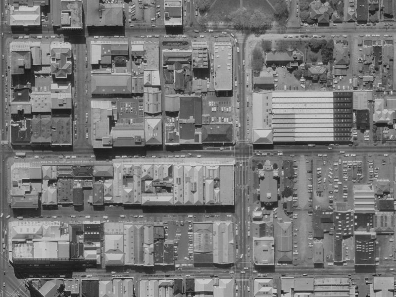 219-221 Cashel Street from the air, 1970-1974