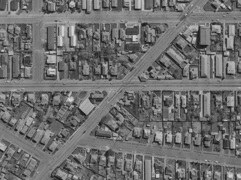 566-576 Cashel Street from the air, 1970-1974