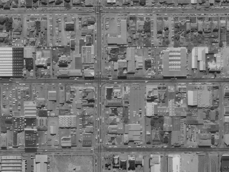 265-271 Cashel Street from the air, 1970-1974