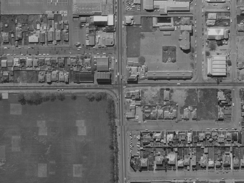 255–259 Brougham Street from the air, 1970-1974