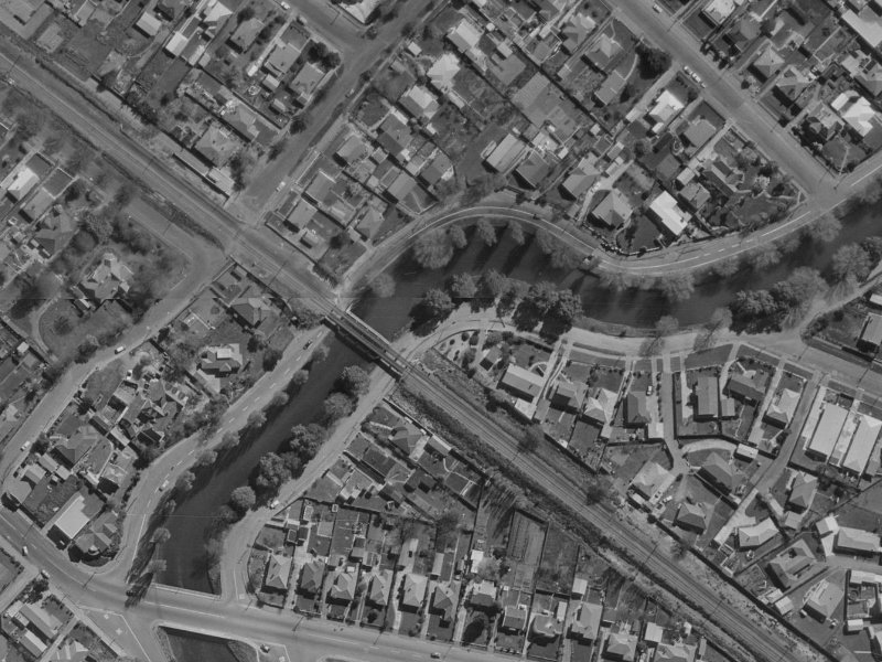 150 M Down River From Rail Way Bridge Broigham St Next To Pump Station On Clarendon Terrace from the air, 1970-1974