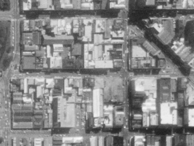 98–142 Cashel Street from the air, 1975-1979