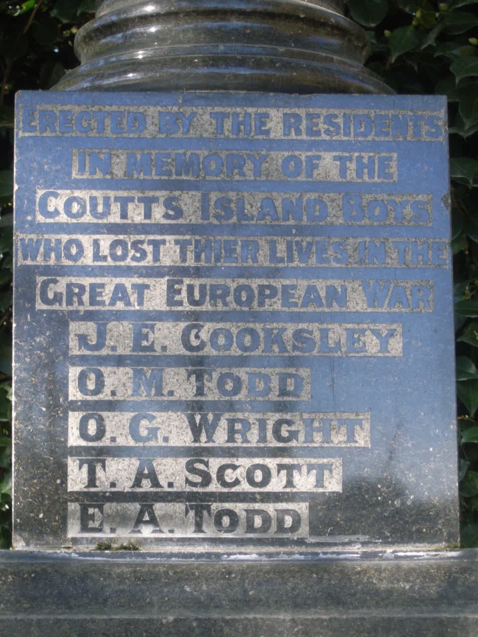 the register’s photograph of the plaque at Coutts Island War Memorial