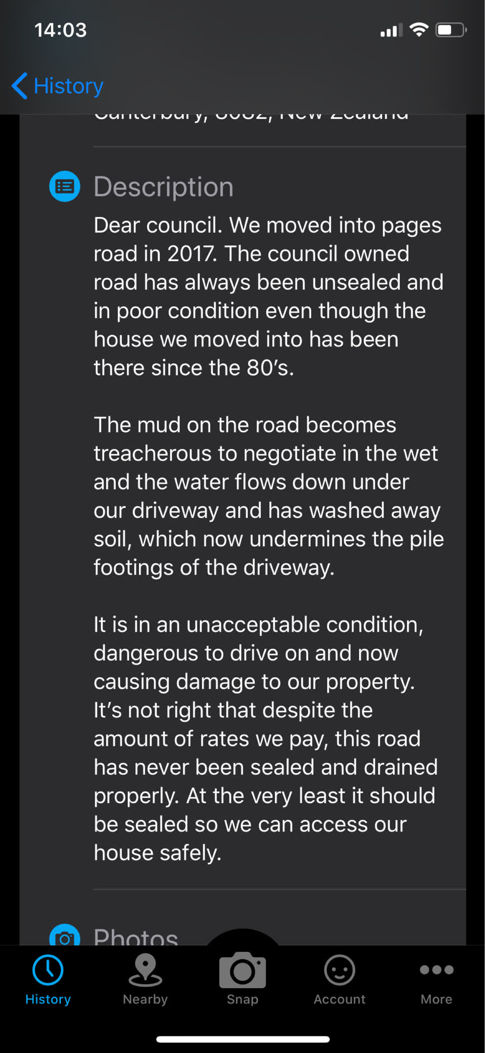 The photograph attached to this roading/streets report