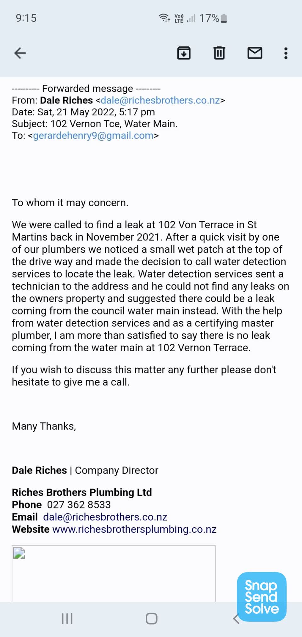 The photograph attached to this water leak report