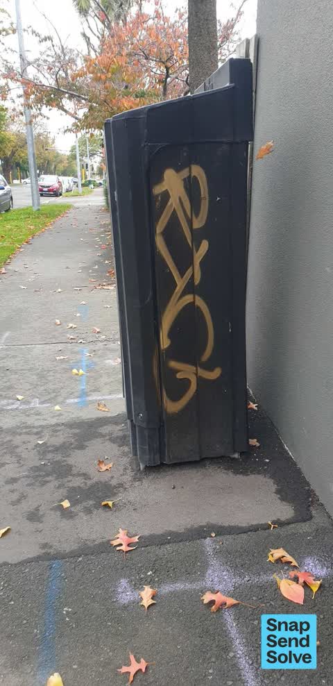 Graffiti on a traffic light pole or cabinet, or wa, a report photo