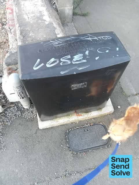 Graffiti on a traffic light pole or cabinet, or wa, a report photo