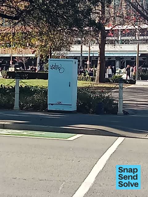 Graffiti on a traffic light pole or cabinet, or wa — a report photo