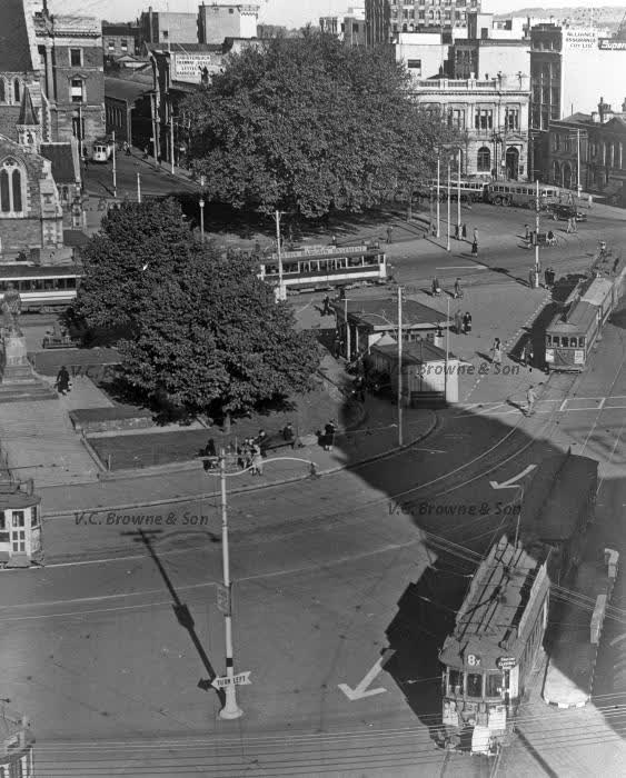 Trams in Cathedral Square (PB0611/174), 1938