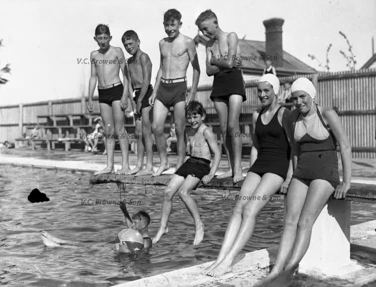 Swimming pool.  Joan Browne second from the rig... (PB0804/10), 1930