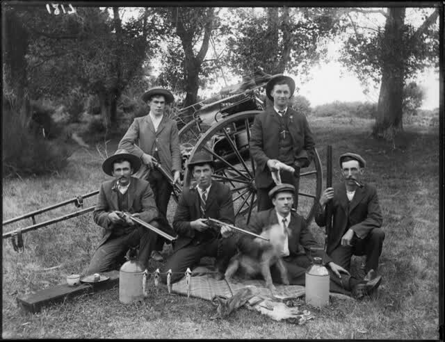 Rabbit hunters, probably Christchurch district, [ca 1912], 1912
