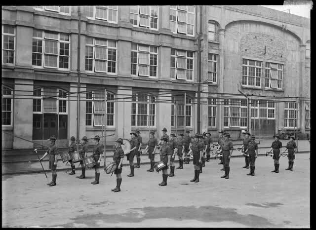 Christchurch West High School Drum & Bugle Corps on parade, ca 1915, 1915