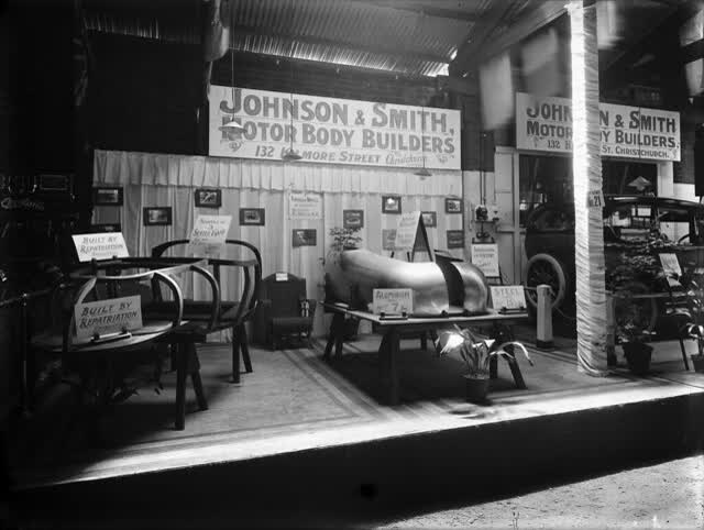 Exhibition display by Johnson & Smith, motor body builders of Christchurch, ca 1920s, 1920