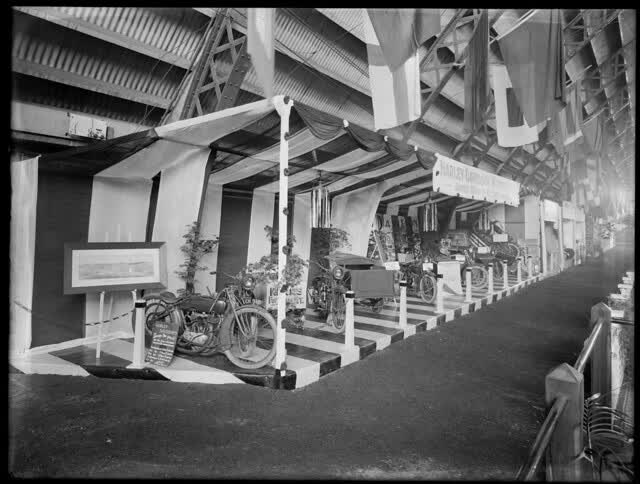 Harley-Davidson motorcycle display, Olympia Motor Show, King Edward Barracks, Christchurch, November 1921, 1921